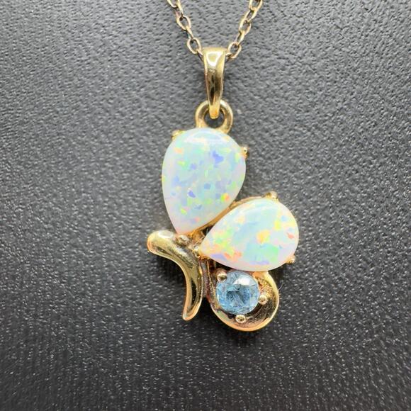 Prime Art & Jewel Jewelry - Opal Blue Topaz Butterfly Necklace 18K Vermeil Sterling Silver 18" Feminine